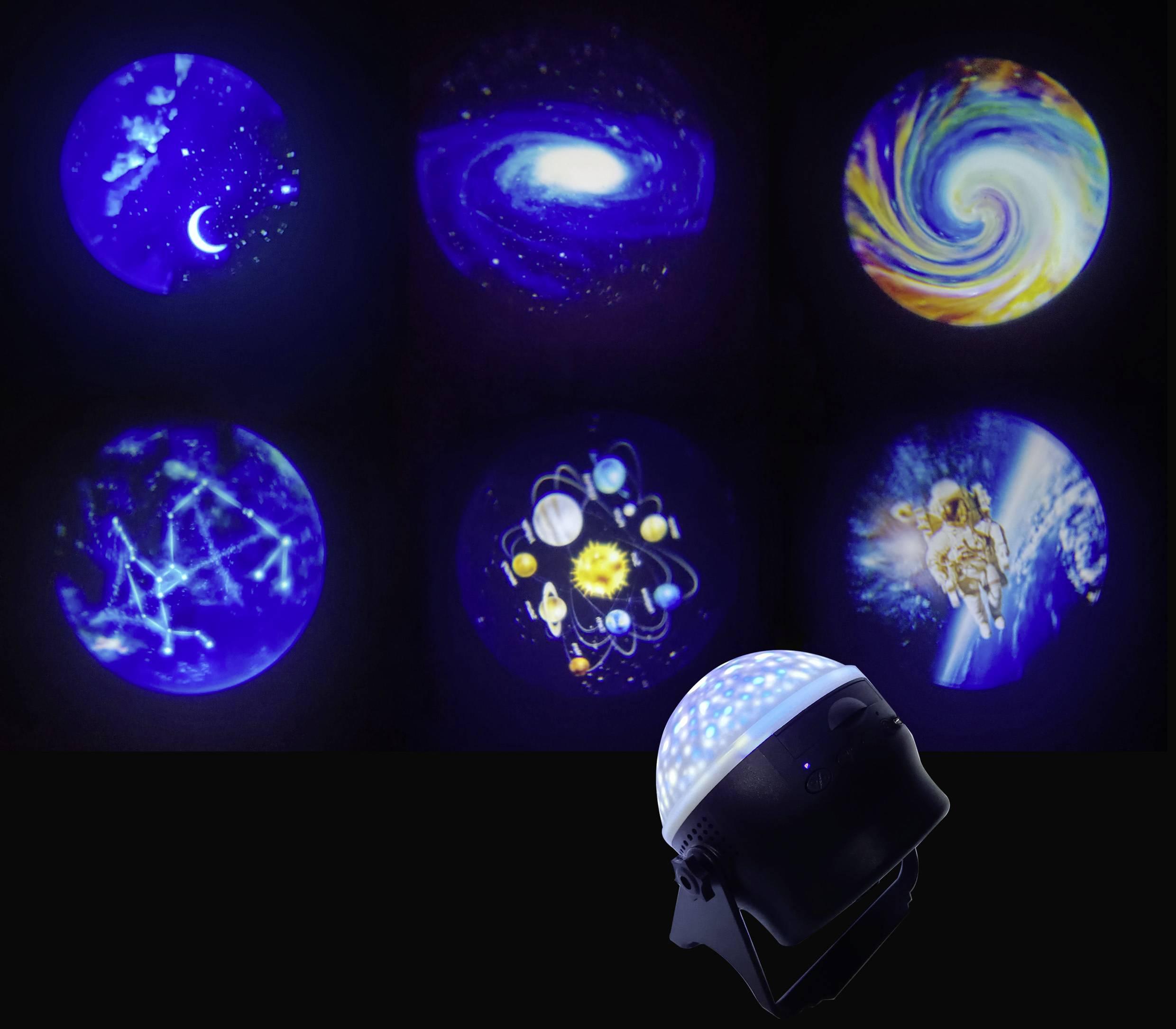 Projektor promítá různé motivy z vesmíru: Měsíc, galaxii, vír, souhvězdí, sluneční soustavu a astronauta. Harmonické barvy.