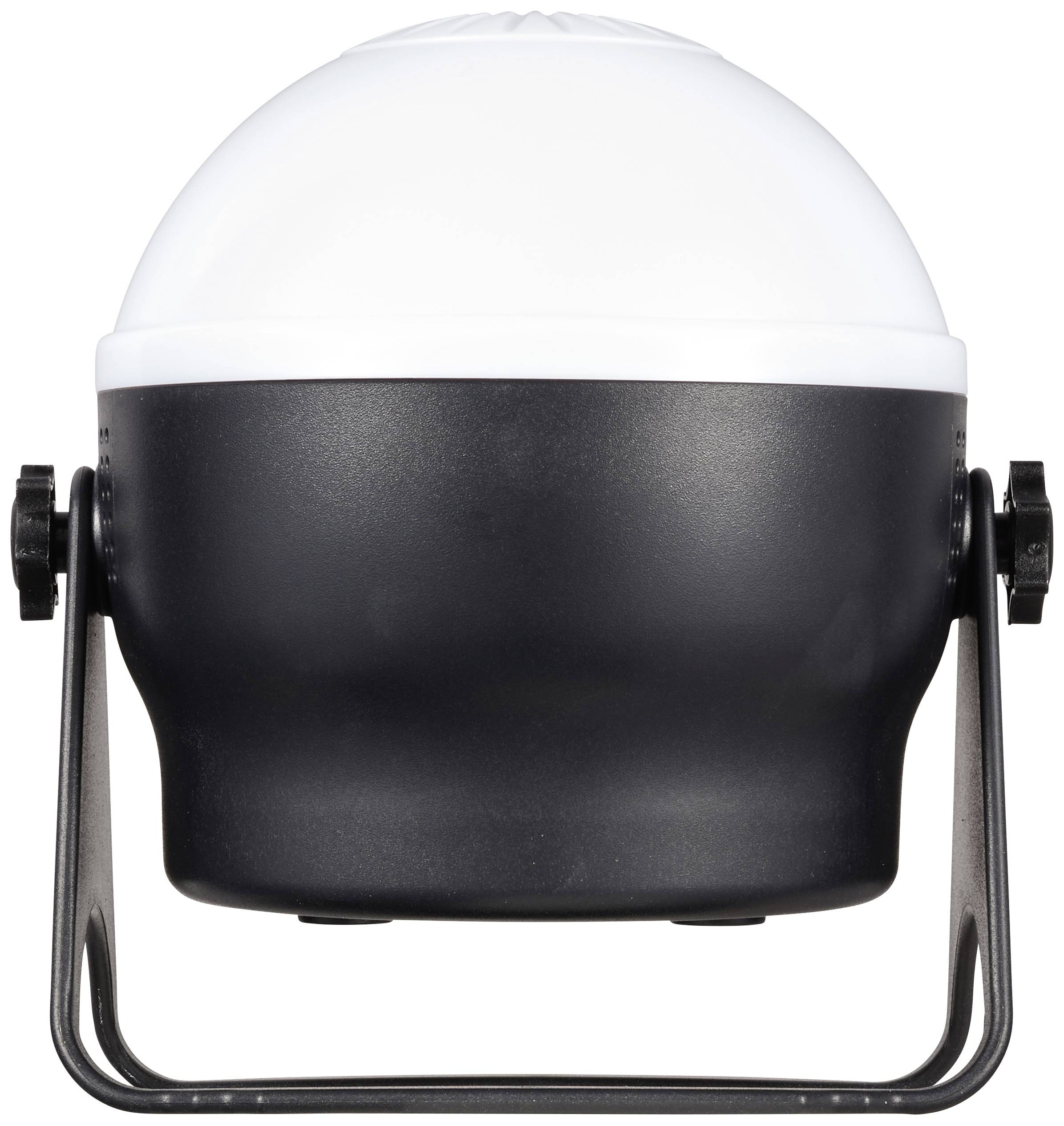 Přenosná, kulatá černá lampa s rukojetí, ideální pro kempování nebo venkovní aktivity.