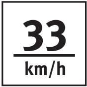 "33 km/h" na černém pozadí symbolizuje omezení rychlosti nebo aktuální rychlost.