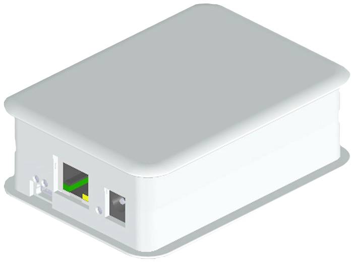 Šedý obdélníkový kryt se dvěma přípojkami na jedné straně, pravděpodobně určený pro elektronické komponenty nebo síťové zařízení.