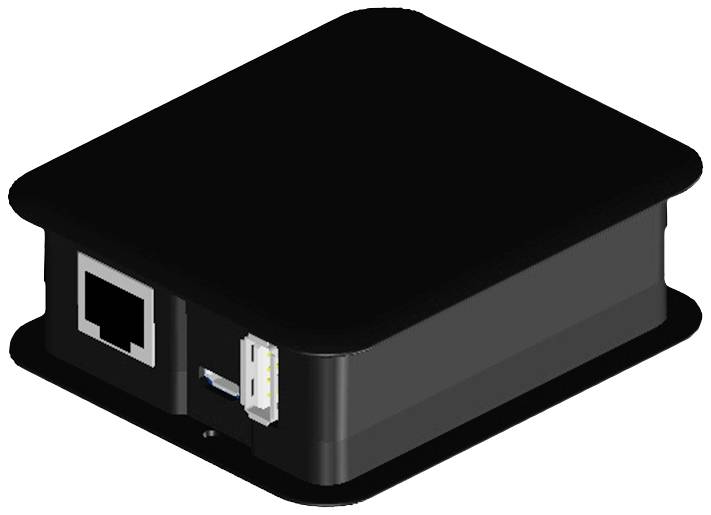 Obdélníkové černé zařízení s ethernetovým a USB portem.