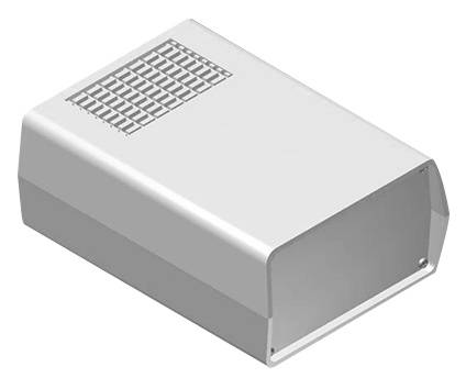 Bílý, obdélníkový kovový box s větracími otvory nahoře; pravděpodobně kryt pro elektrické nebo elektronické zařízení.