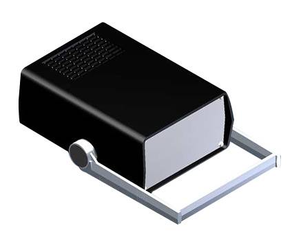 Černý obdélníkový kryt se stříbrným nastavitelným třmenem. Mohl by patřit k nějakému technickému zařízení nebo držáku.