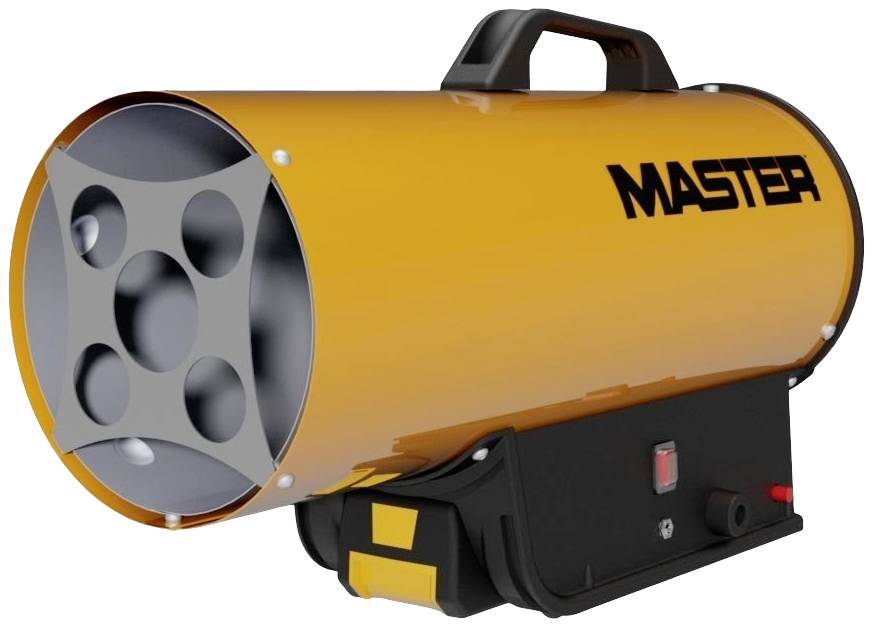 Přenosný žlutý topný ventilátor s černou rukojetí a nápisem 'MASTER' na straně, vhodný pro použití v dílnách.