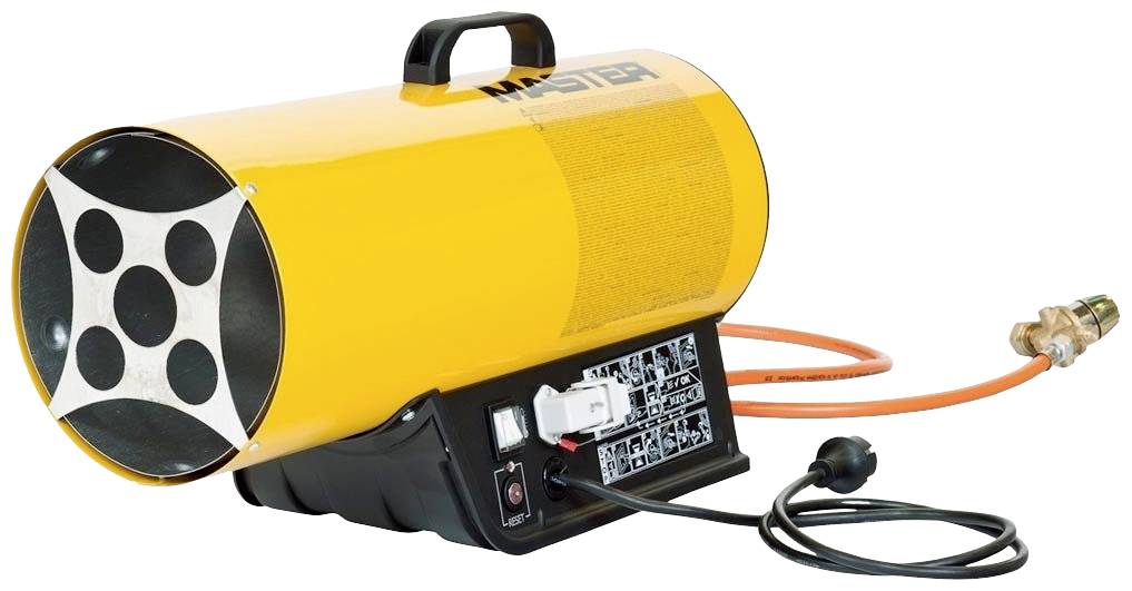 Žlutý topný ventilátor s černou rukojetí a přípojkami, vhodný pro staveniště nebo plošné vytápění.