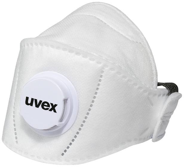 Bílý respirátor s ventilem a elastickým páskem, na ventilu je nápis 'uvex'. Vhodný pro ochranu před částicemi a aerosoly.