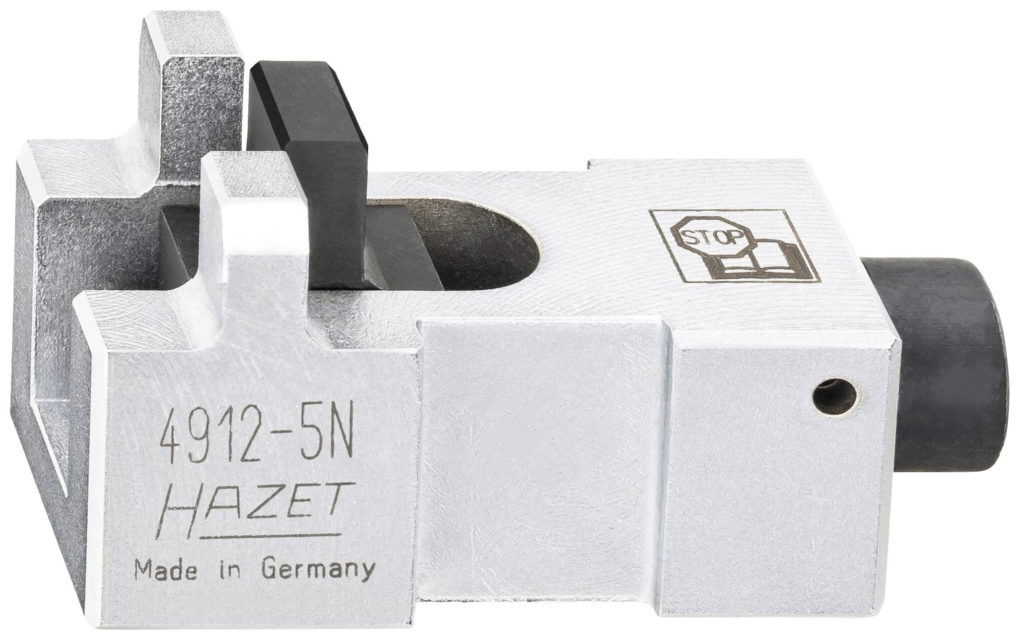 Stříbrný nástroj s nápisem '4912-5N HAZET Made in Germany'. Má čtvercový tvar a nápis stop.
