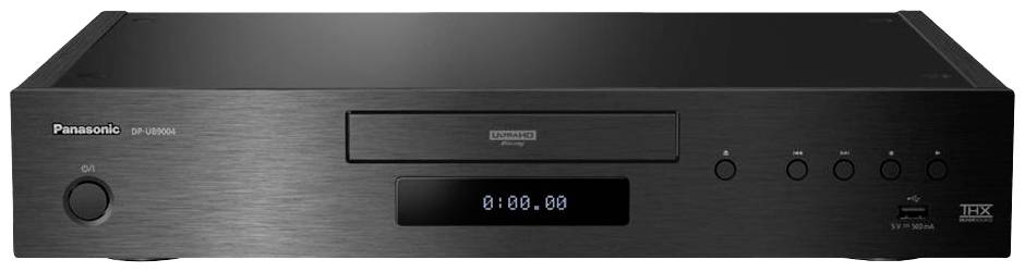Černý Panasonic Blu-ray přehrávač, model DP-UB9000, s několika ovládacími tlačítky, USB portem a digitálním displejem na přední straně.