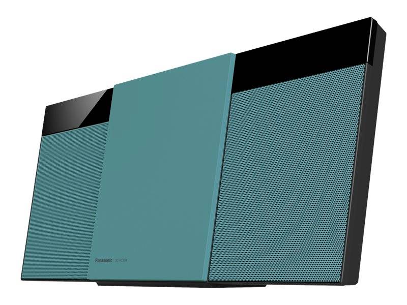 Zelená, moderní, obdélníková audiosoustava s postranními reproduktory a centrálním ovládacím panelem ve stylovém designu.