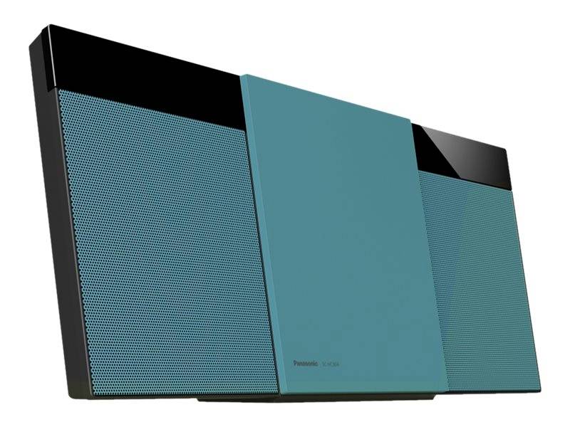 Moderní, kompaktní stereo systém se dvěma reproduktory a centrální hlavní jednotkou. Barva je tyrkysová s černými akcenty.