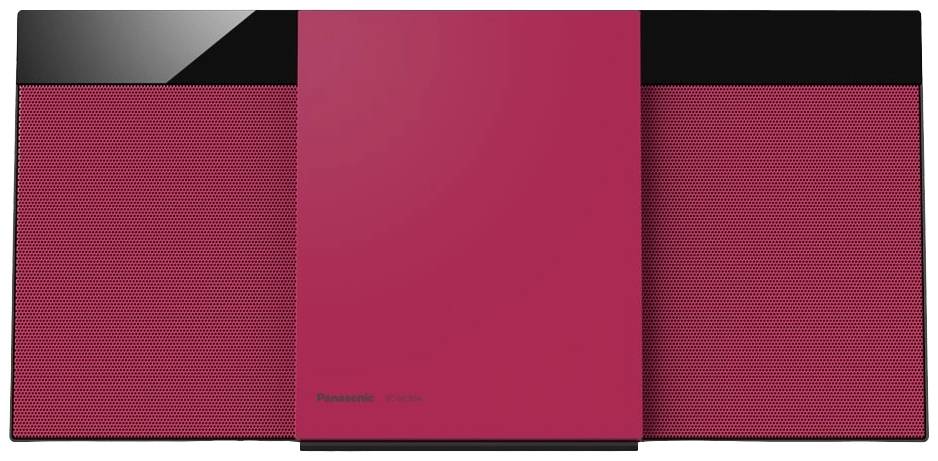 Červený, moderní audiosystém s reproduktory nalevo a napravo.
