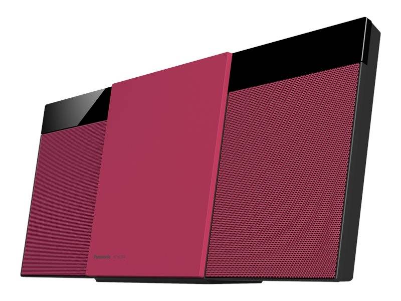 Červený nástěnný stereo systém se dvěma reproduktory a centrálním ovládacím panelem. Moderní design s černým akcentním pruhem nahoře.