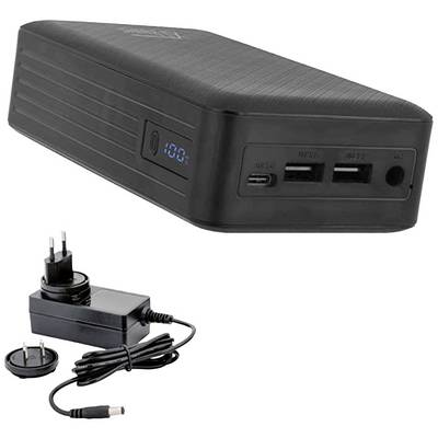 Černá powerbanka s digitálním displejem '100', dvěma USB porty, jedním USB-C portem. Nabíječka a adaptér vedle ní.