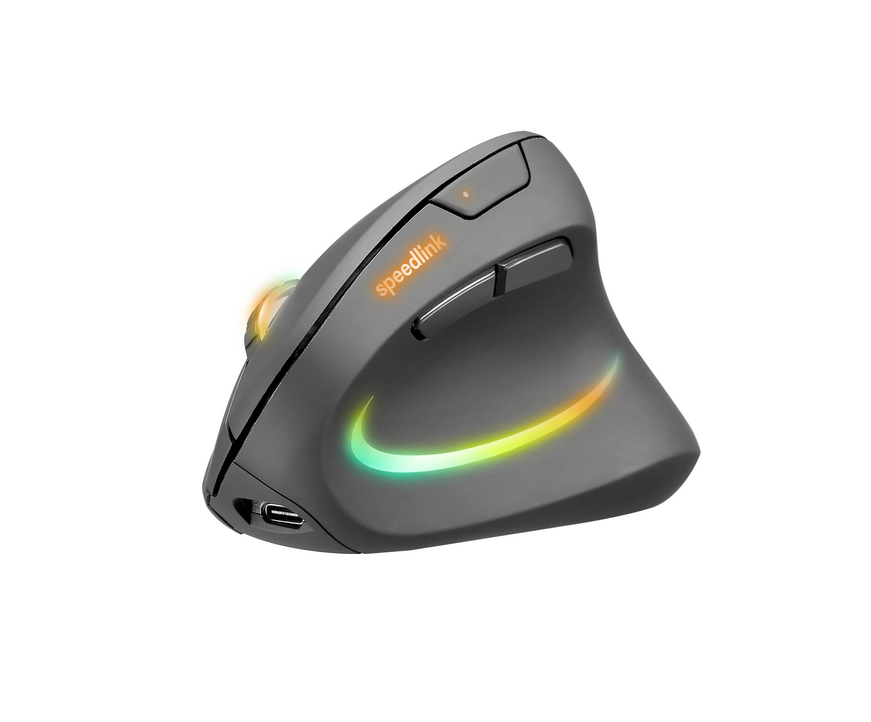 Vertikální ergonomická myš od Speedlinku s osvětlenými prvky a několika tlačítky, navržená pro pohodlné ovládání.