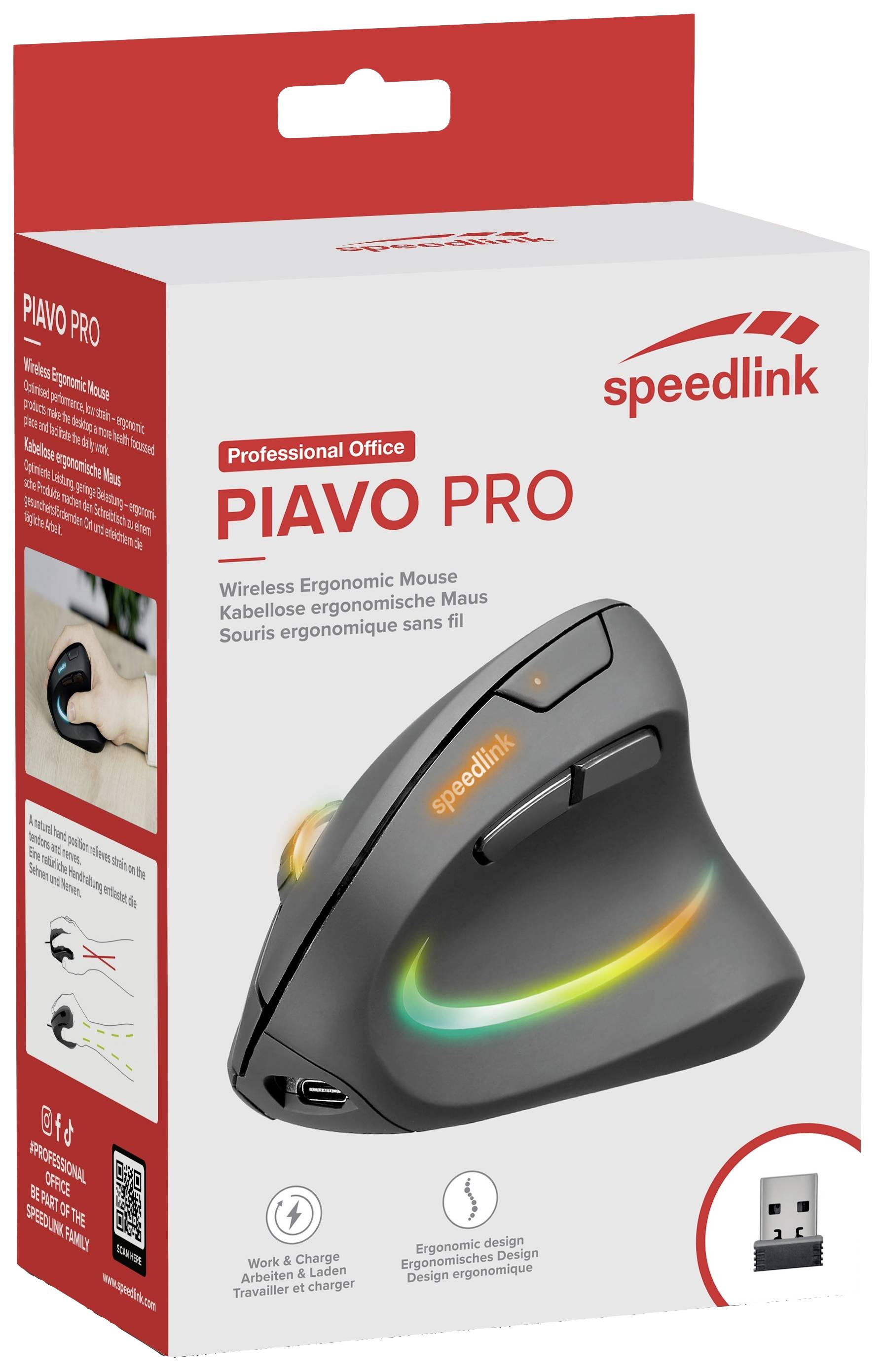 'PIAVO PRO' bezdrátová ergonomická myš v obalu. Obsahuje vyobrazení myši s RGB prvky a USB přijímačem.