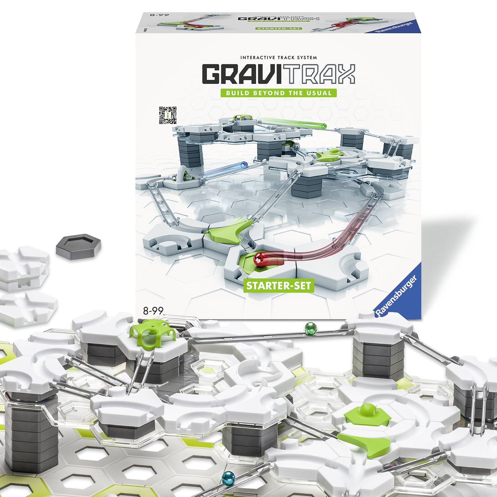 GraviTrax startovní sada od Ravensburgeru, interaktivní kuličková dráha s šedými a zelenými prvky, umístěná na bílém povrchu.