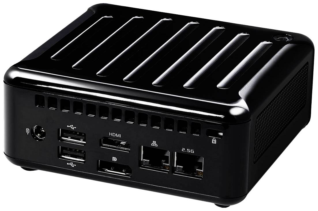 Lesklé, černé elektronické zařízení s několika porty, včetně HDMI, USB a Ethernetu, na přední straně.