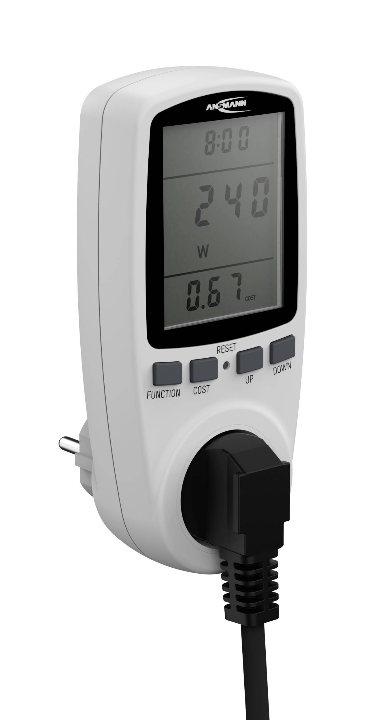Měřič spotřeby energie do zásuvky s displejem ukazuje 240 W a 0,67 kWh.
