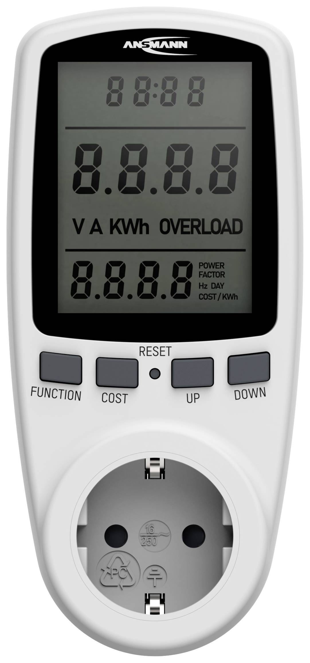 Měřič elektrického proudu s digitálním displejem zobrazuje spotřebu elektřiny ve V, A, kWh a indikátor přetížení. Tlačítka pro funkce a nastavení.