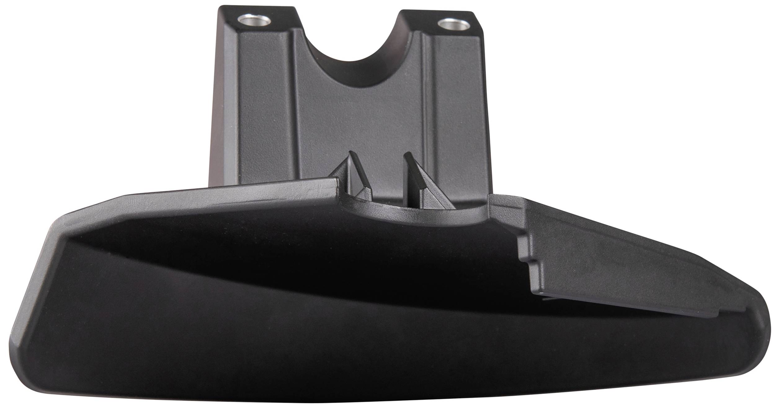 Černý předmět s kovovými částmi, pravděpodobně technická součástka, na bílém pozadí. Tvar a funkce neznámé.