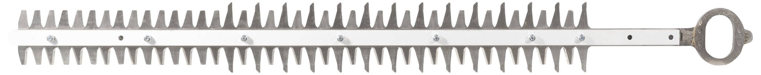 Oboustranné ostří lišty plotostřihu. Dlouhá kovová lišta s zuby po obou stranách určená k sestřihávání živých plotů.