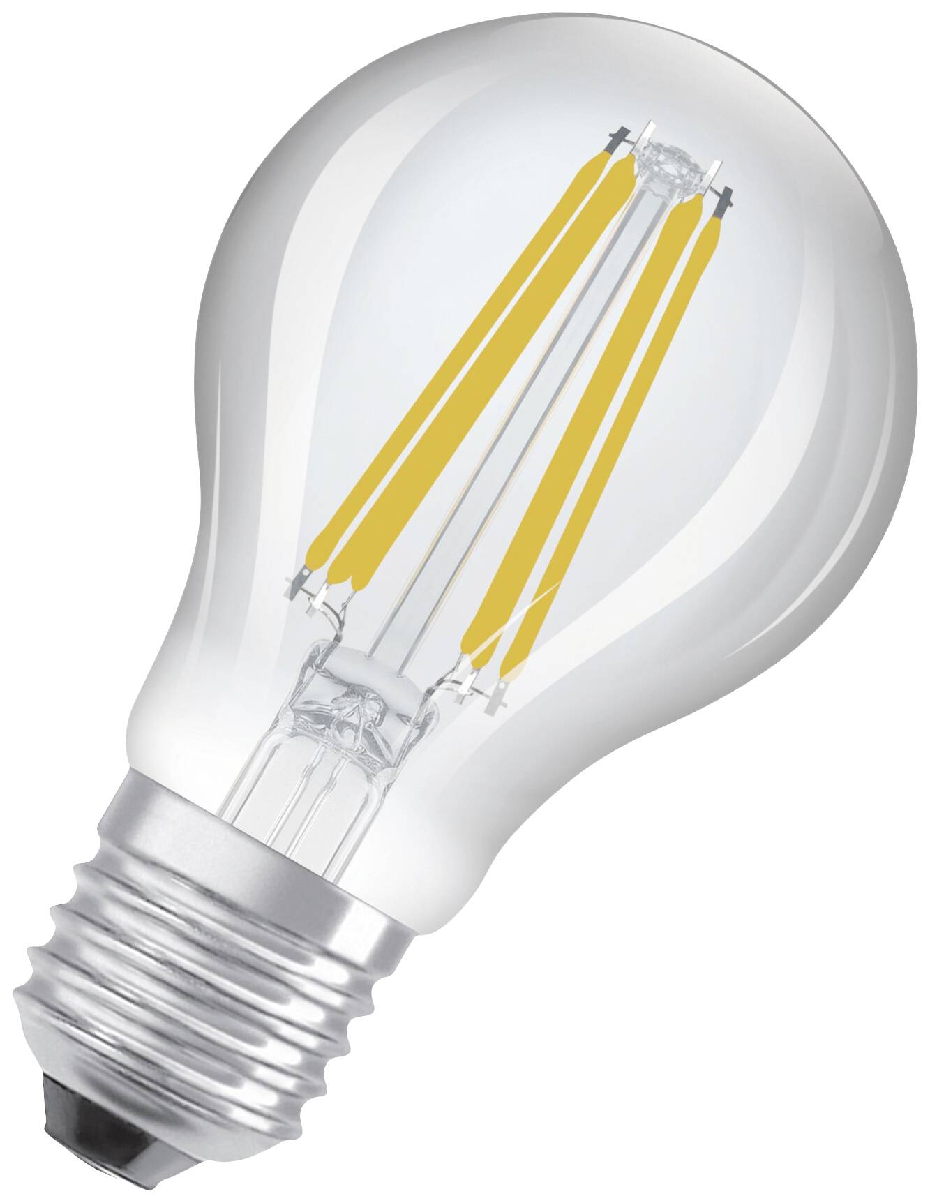 LED žárovka se viditelnými žlutými vlákny a stříbrnou šroubovací bazí. Vhodná pro úsporné osvětlení.