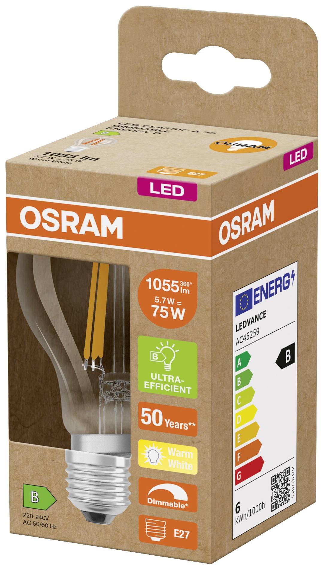 LED žárovka od OSRAMu, s 1055 lumeny, 7 watty, energetická třída B, životnost 50 let, teplé bílé světlo a stmívatelná.