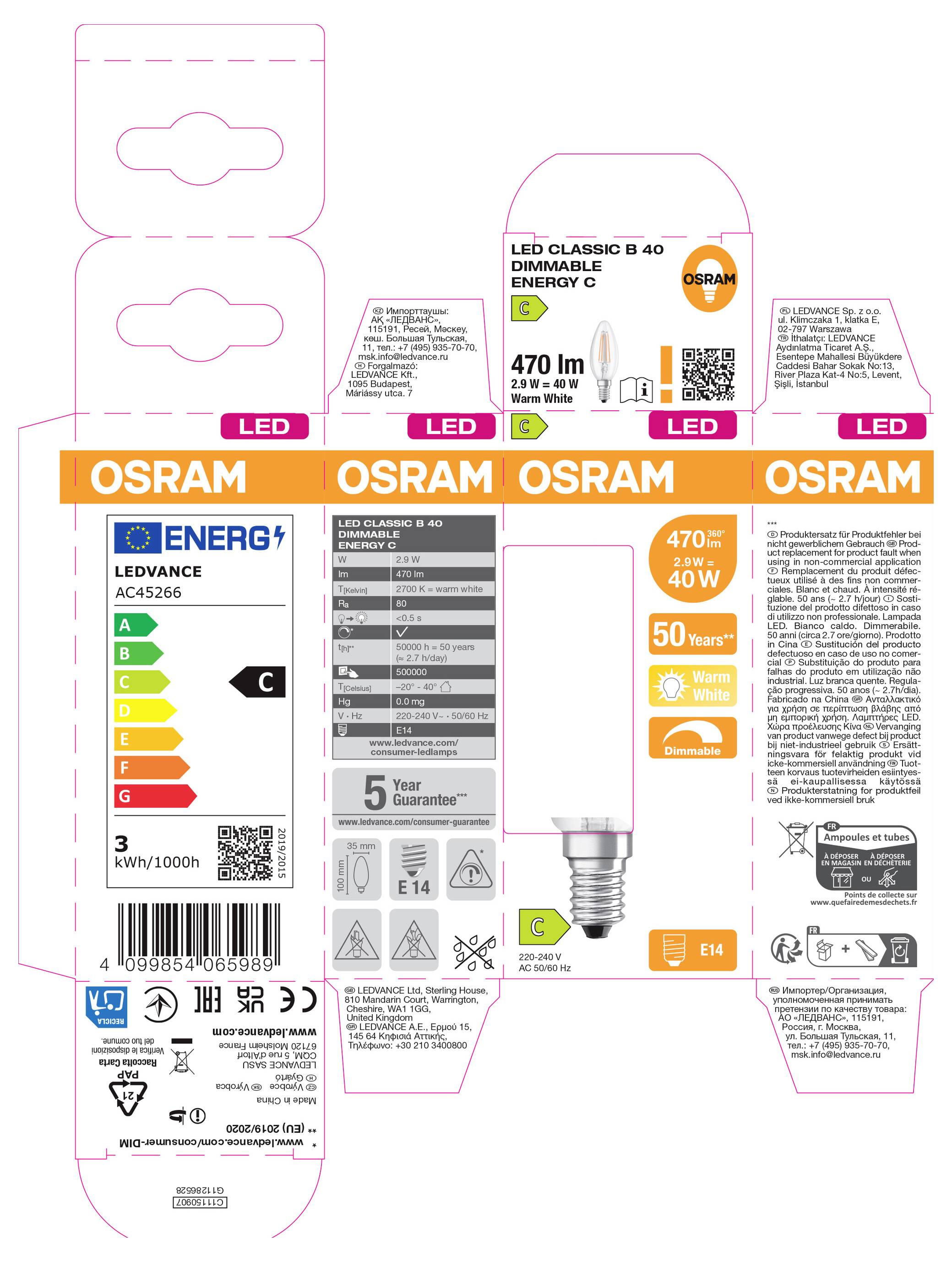 OSRAM LED žárovka balení s energetickým štítkem, 470 lm, 4 W, patice E14, životnost 50 000 hodin a panely s informacemi o produktu.