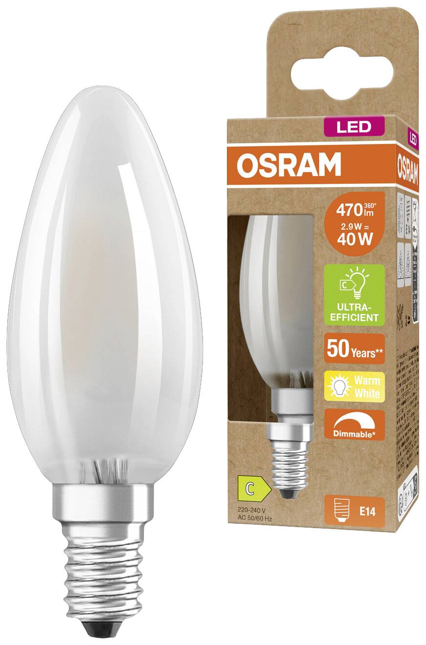 'OSRAM LED žárovka, 470 lm, 2.7 W, náhrada 40 W, ultra-úsporná, teplá bílá, stmívatelná. Patice E14, životnost 50 let.' Obal a žárovka vyobrazeny.