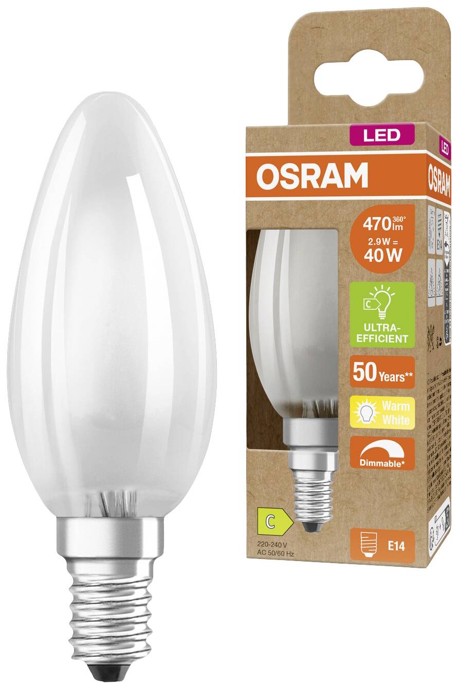 Úsporná LED svíčková žárovka od OSRAMu, 470 lumenů, 4 watty, teplé bílé světlo, patice E14, stmívatelná, zobrazená vedle obalu produktu.