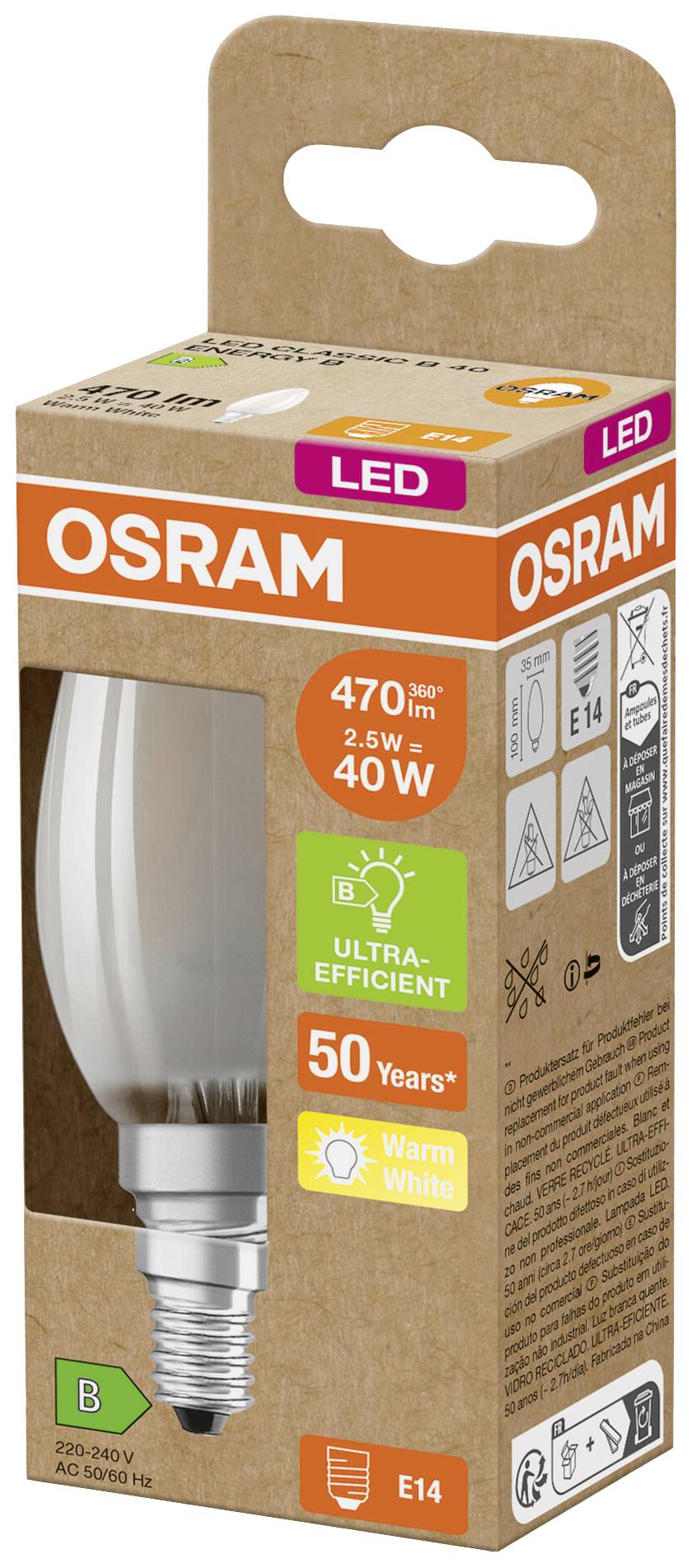 LED žárovka značky Osram. Parametry: 470 lumenů, 2,5W odpovídá 40W, energetická třída B, teplé bílé světlo, životnost 50 let.