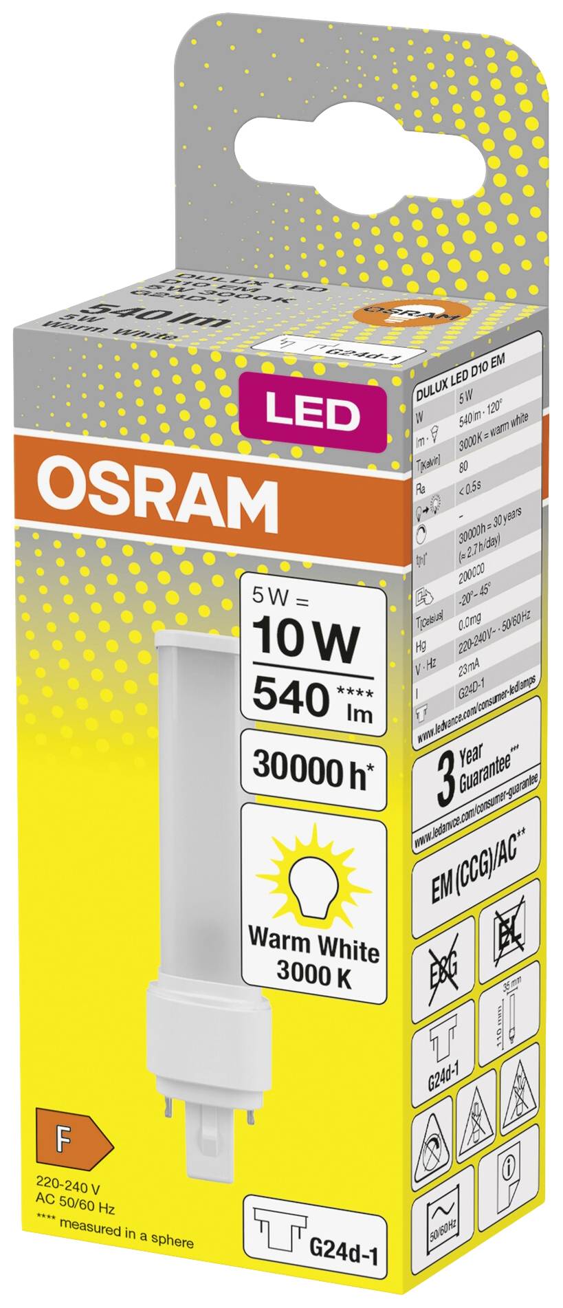 LED-lampa značky OSRAM s teplým bílým světlem, 10W (odpovídá 5W), 540 lumenů, patice G24d-1, životnost 30.000 hodin, energetická třída F.