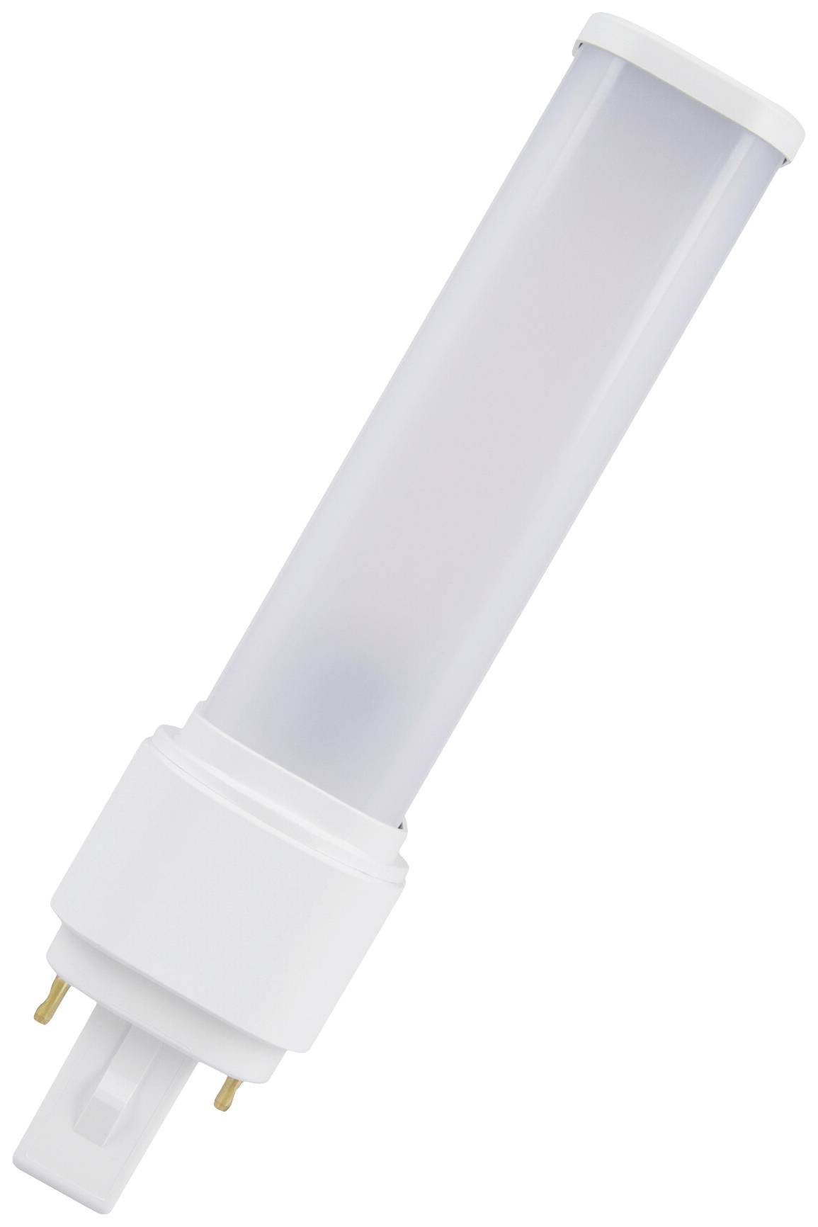 Moderní úsporná LED lampa zobrazená na šířku. Má protáhlý, válcovitý tvar s bílou základnou.