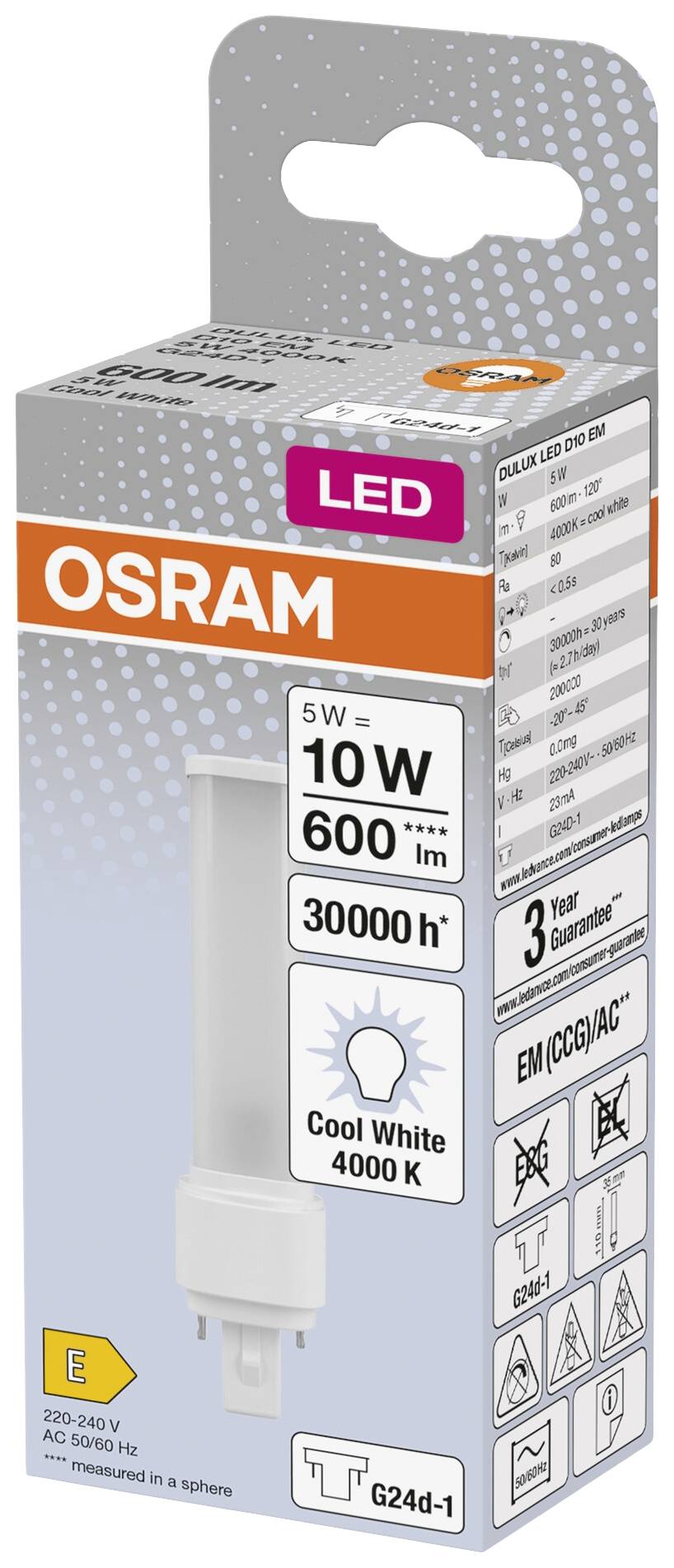 Náhradní LED žárovka Osram, 5W, ekvivalent 10W, 600 lumenů, životnost 30 000 hodin, 4000K studená bílá, energetická třída E.