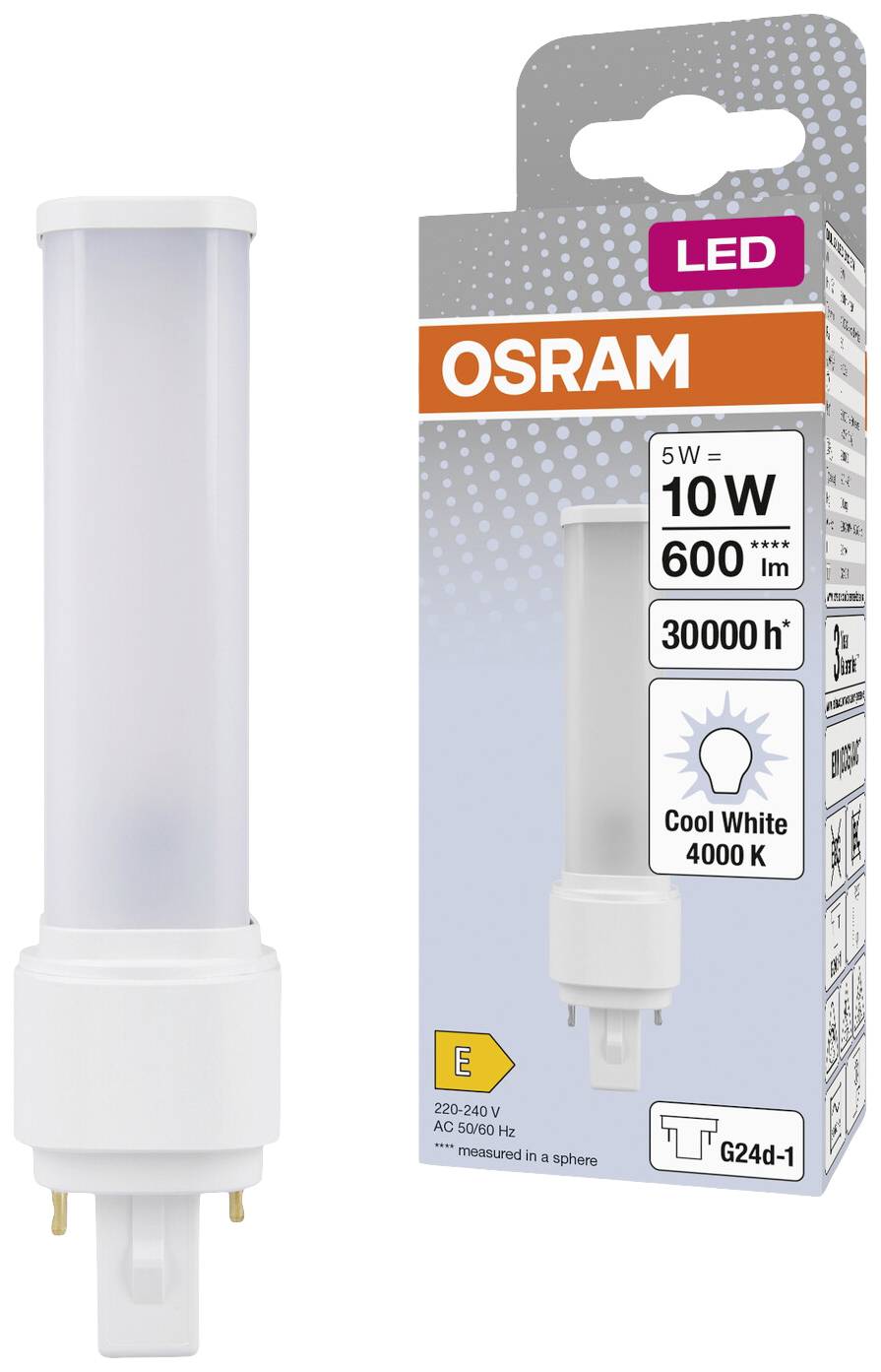 Dvě LED žárovky, jedna nerozsvícená a jedna v obalu. Obal ukazuje značku OSRAM, výkon 10 W, 600 lumenů, barvu 4000 K.