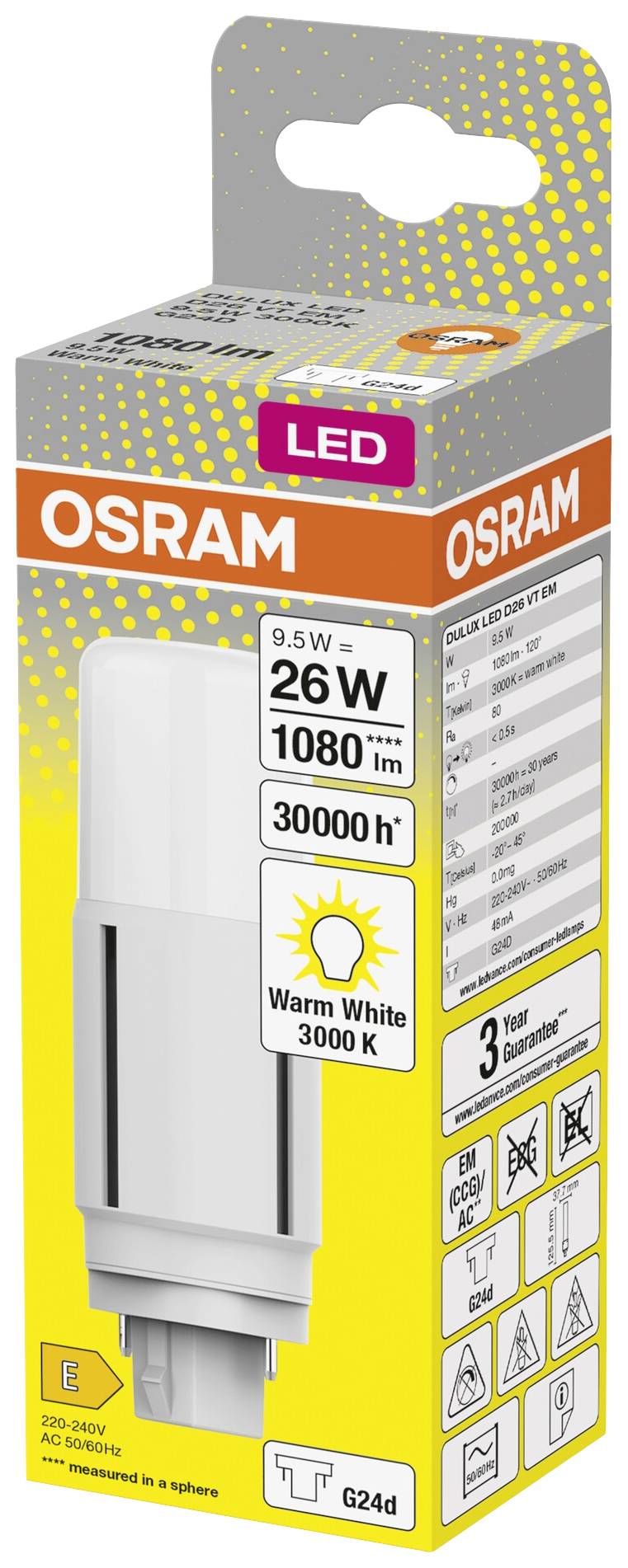Obal žárovky OSRAM LED ukazuje: '9,5W=26W, 1080 lm, životnost 30000 h, teplá bílá 3000 K, 3 roky záruka'.