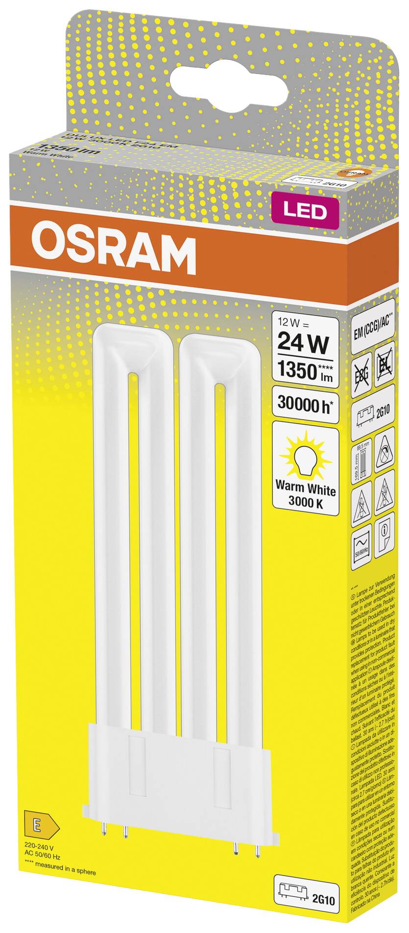 Obal LED žárovky Osram ukazuje 24 wattů, 1350 lumenů, teplé bílé světlo s teplotou 3000 Kelvinů a životností 30 000 hodin.