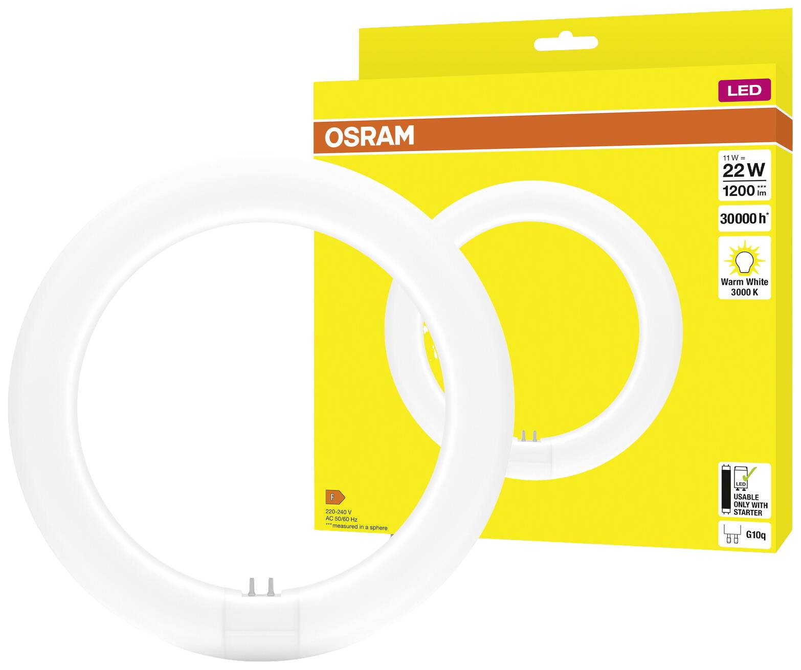 Kulatá LED zářivka od OSRAMu před žlutým obalem. 22W, 1200 lm, životnost 30 000 hodin, teplá bílá 3000K.