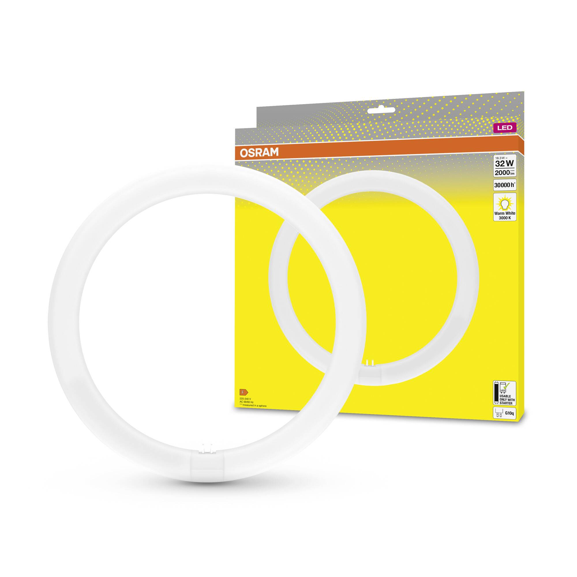 LED lampa od Osramu: Kulatý design, vhodná pro 32 W, 2000 lm, 3000 K. Balení s žlutým pozadím a informacemi o produktu.
