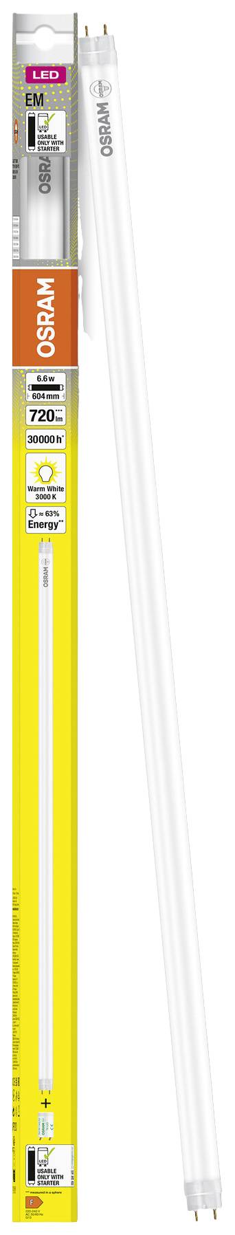 Balení OSRAM LED trubice 800 lm. Detaily zahrnují světelný výkon 8 W, teplotu chromatičnosti 4000 K a životnost 30 000 hodin.
