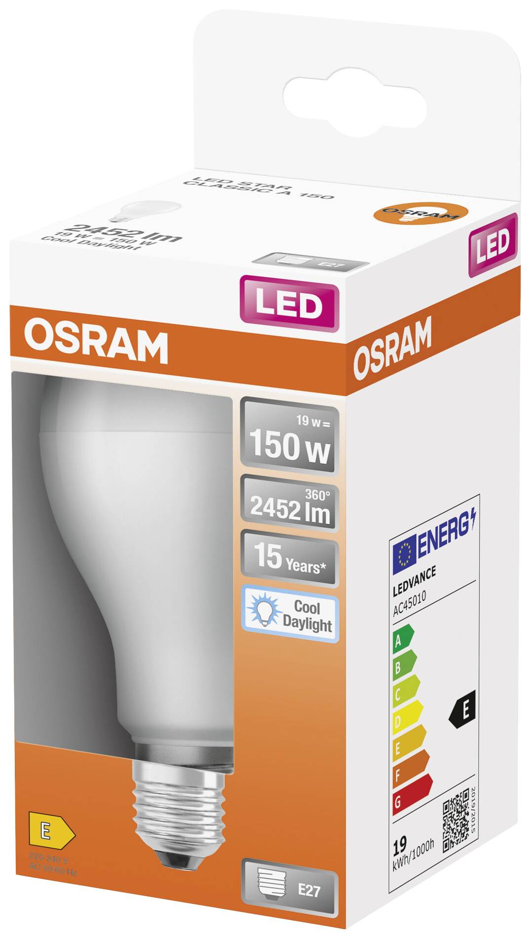 LED žárovka od OSRAMu v obalu, 19W, 2452 lumenů, denní světlo, energetická třída E, patice E27, životnost 15 let.
