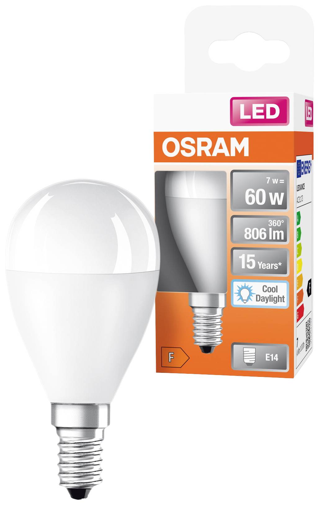 LED žárovka od Osramu, 7 W, ekvivalentní 60 W, s 806 lumenů a paticí E14, na obalu označená jako 'Studené denní světlo'.