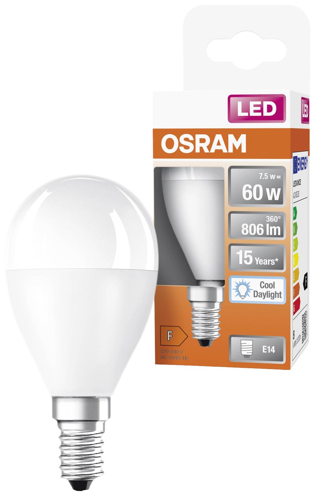 LED žárovka od Osramu, 60W, 806 lumenů, patice E14. Balení ukazuje energetickou třídu F a životnost 15 let. Studené denní světlo.