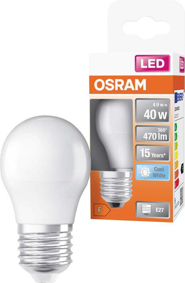 OSRAM HOMELIGHTING 4099854023088 LED Energetická třída (EEK2021) F (A - G) E27 Kulové svítidlo (miniaturní) 4.9 W = 40 W neutrální bílá (Ø x v) 45 mm x 45 mm  1 ks