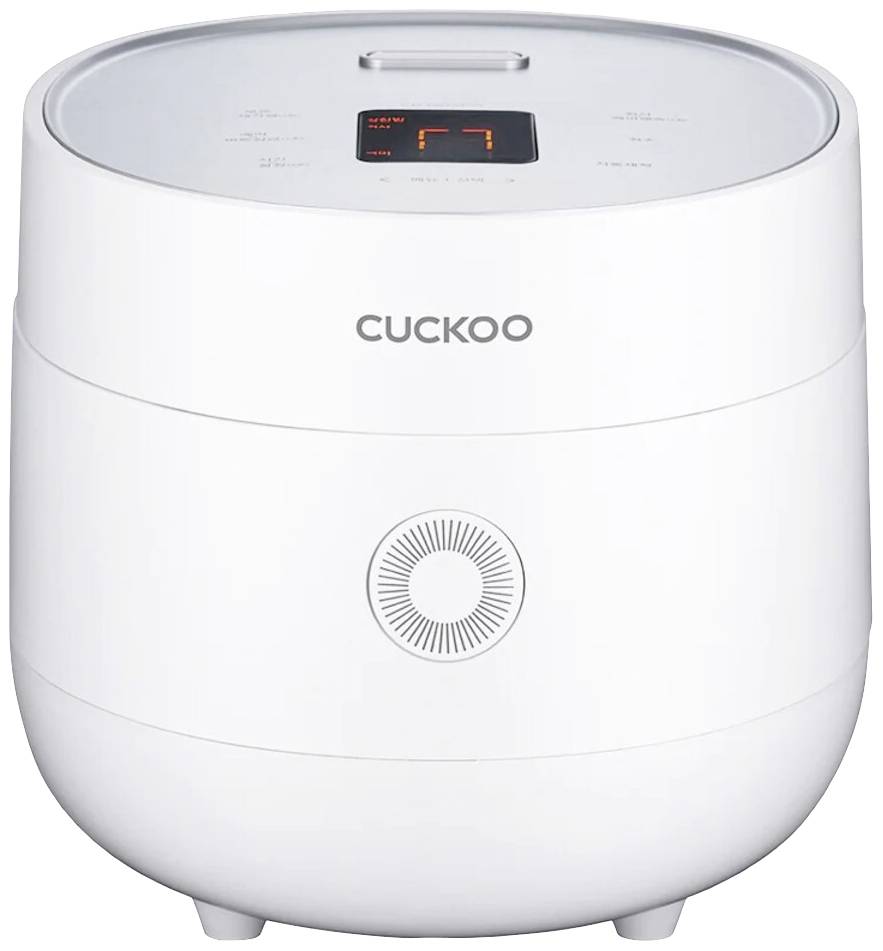Bílý, kulatý rýžovar s digitálním displejem a názvem značky 'Cuckoo' na povrchu.