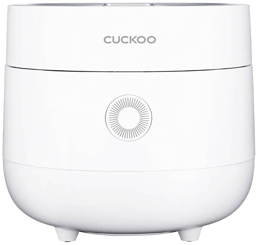 Bílý elektrický varný hrnec s nápisem 'CUCKOO' na horní straně. Design přístroje je moderní a minimalistický.