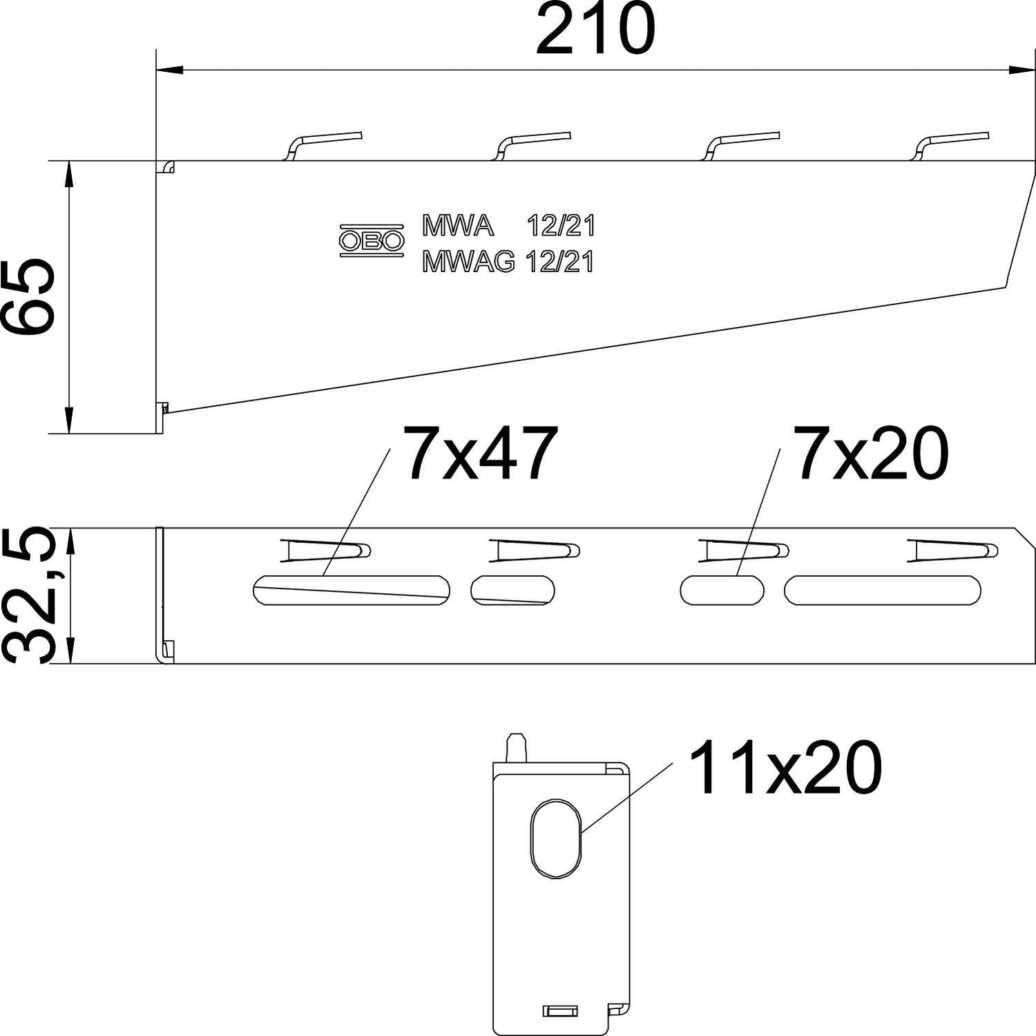 Technický výkres součásti s rozměry: délka 210 mm, výška 65 mm, šířka 32,5 mm. Obsahuje popisy 'MWA 12/21' a 'MWAG 12/21'.