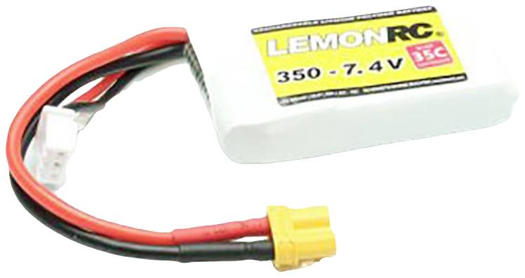 Lithium-polymerová baterie s nápisem 'LemonRC 350 - 7.4V 35C' s připojenými vodiči, používaná pro RC modely.