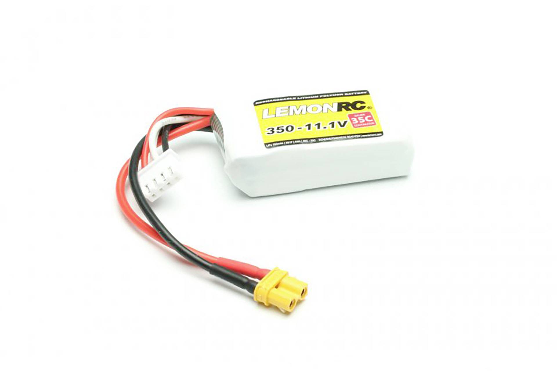 Bílý lithium-polymerový akumulátor s nápisem 'LEMON RC, 350 - 11.1V, 3S1P', vybavený červenými a černými vodiči.