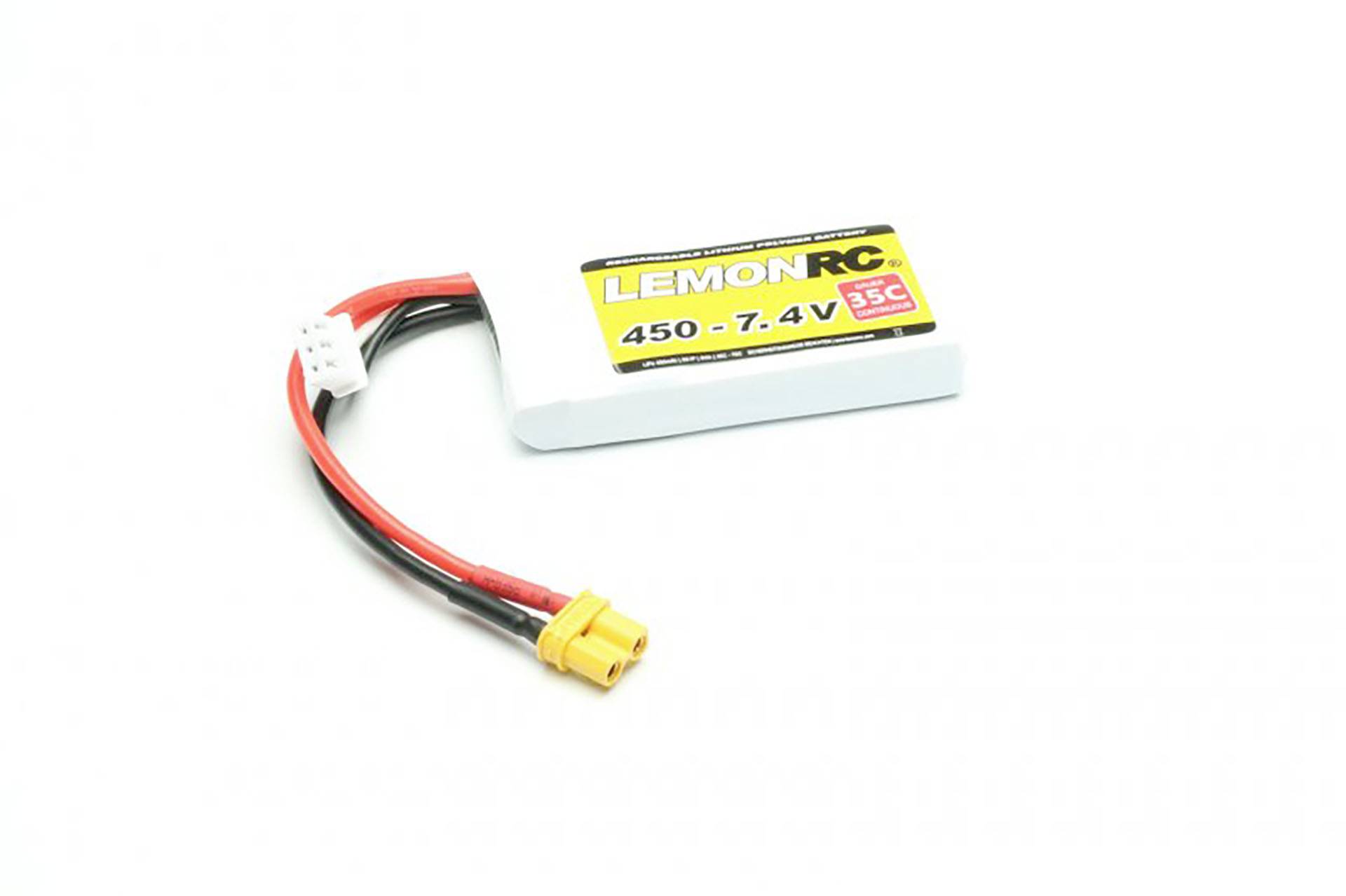 Bílý lithium-polymerový akumulátor pro dálkově ovládané modely s nápisem 'LEMONRC 450-7.4V 35C', který má červené a černé připojovací kabely.